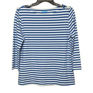 J. McLaughlin Wavesong Striped Print 3/4 Sleeve Button Shoulder Top L Nautical